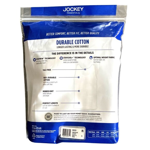 Jockey Essentials Durable Cotton Tank Tops 3-Pack M/M Ribbed Knit Tag-Free White - Picture 4 of 5